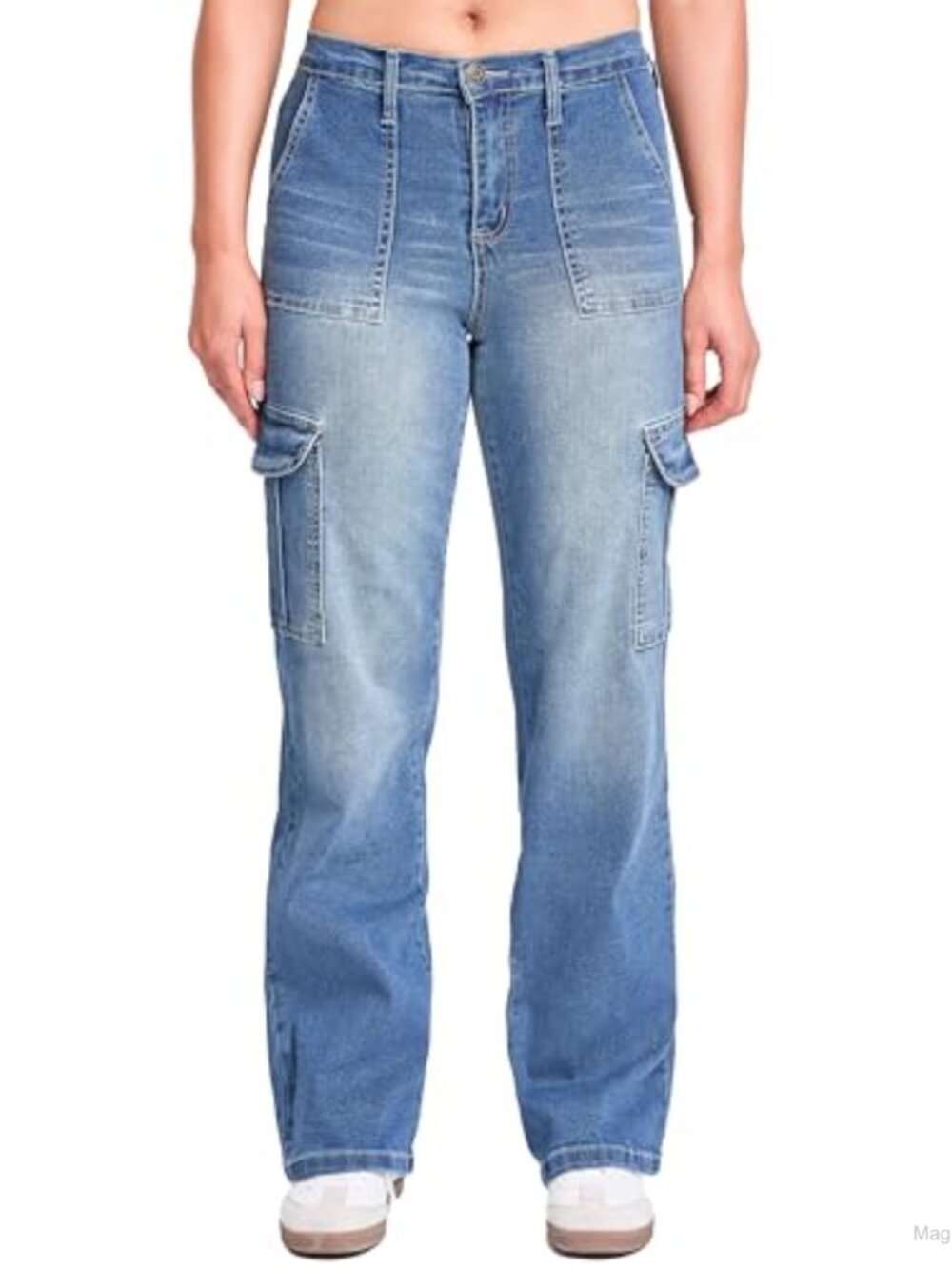 High Rise Elastic Waist Cargo Straight Leg Jeans Pull On